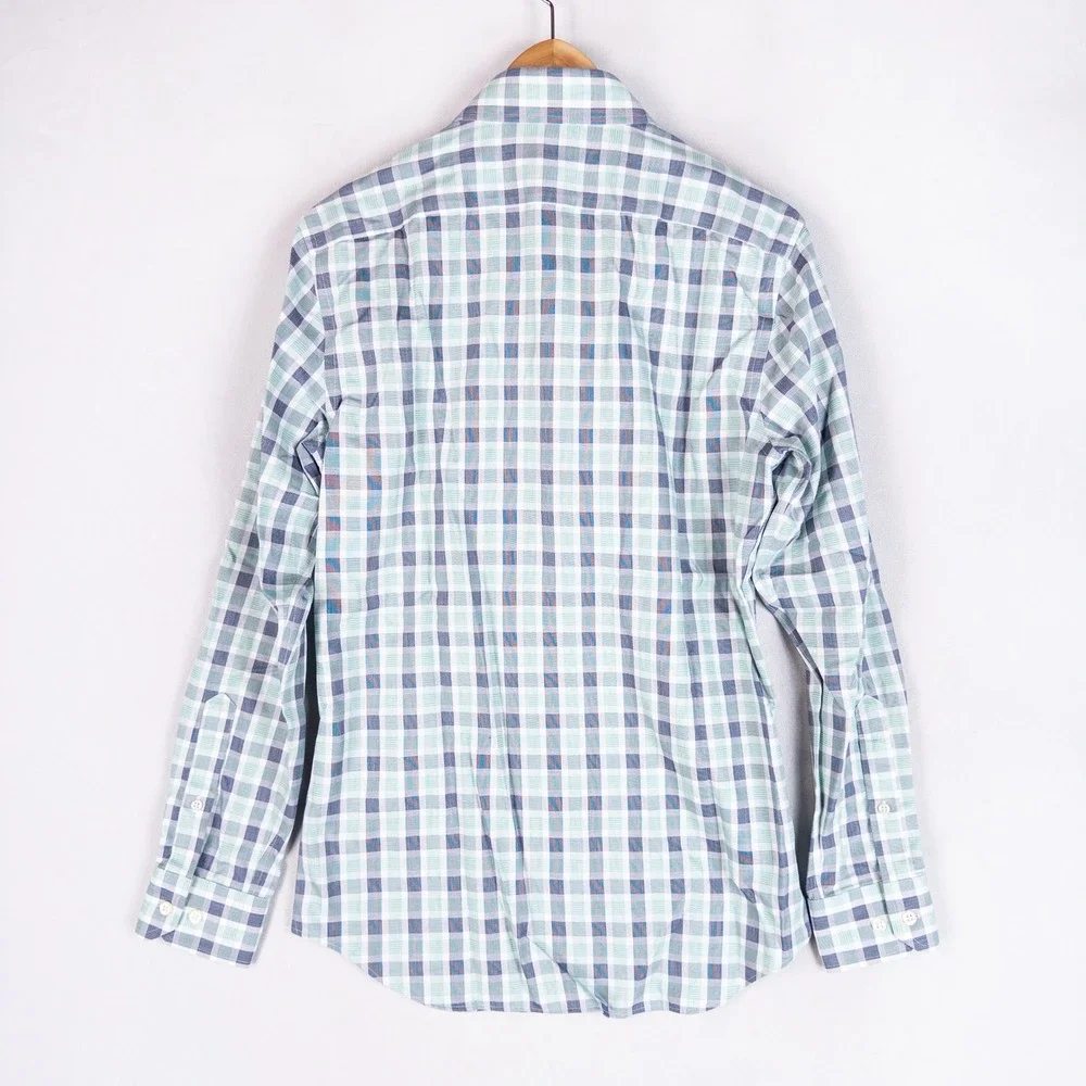 Banana Republic Mens Button Down Shirt S Green Blue Plaid Non-Iron Tailored Slim